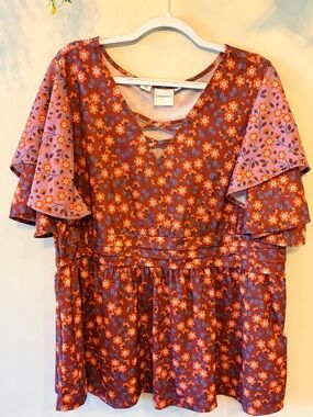 JUNAROSE Floral Boho Babydoll Top Flowy Flutter Sleeve Cottagecore